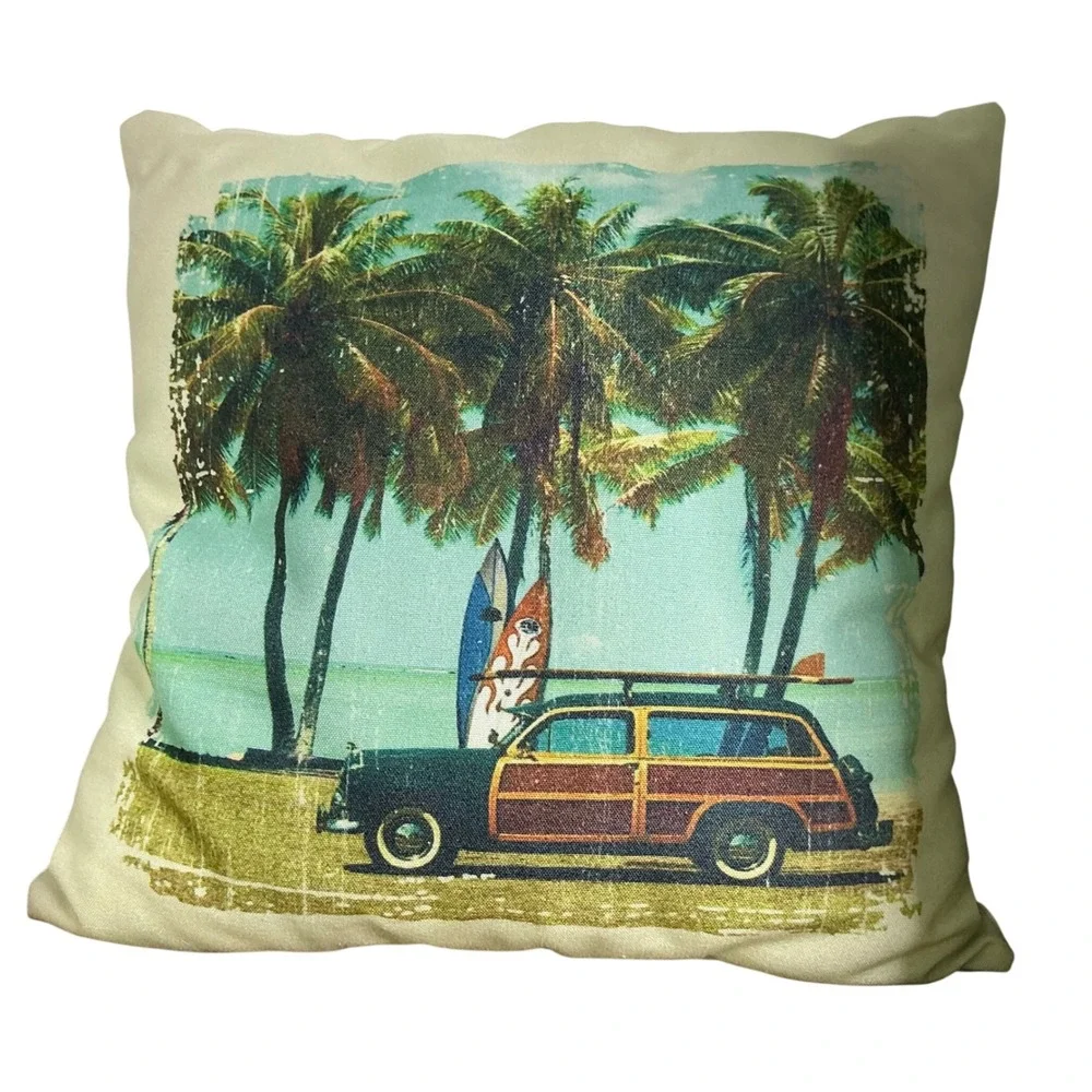 Coastal Beach Throw Pillow Set Surf Bike Palm Trees Woody‎ Wagon Vintage Style
